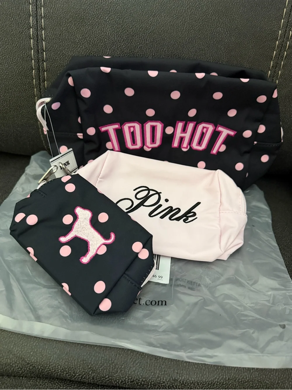 Victoria's Secret Black and  Pink Polka Dot Cosmetic Pouch Set